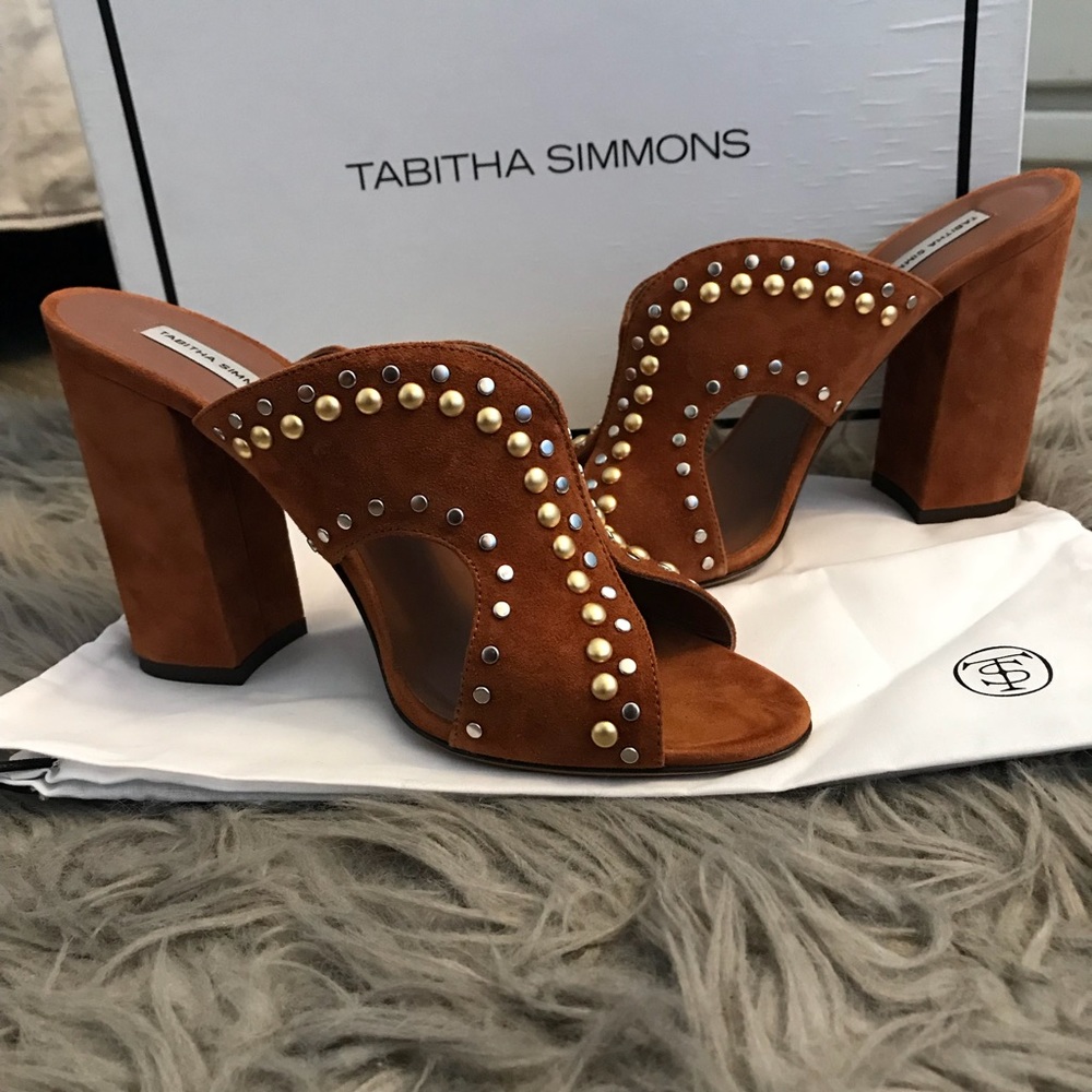 Tabitha Simmons Brown Suede Studded Block Heel Mules
